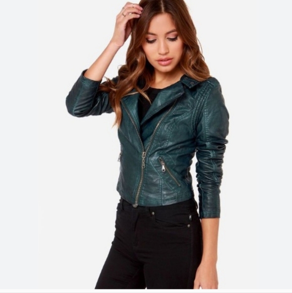 Black Swan Teal Blue Vegan Leather Jacket Size Large Zip And Snap Front - Picture 1 of 6